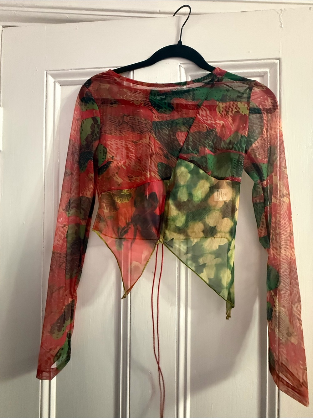 Fashion Nova Red & Green Sheer Mixed-Print Long Sleeve Crop Top